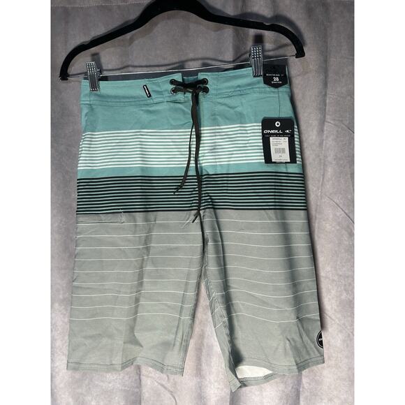 O'NEILL NWT Mens Sz 28 Turquoise Gray Striped Hyperfreak Streak Board Shorts - Picture 1 of 3